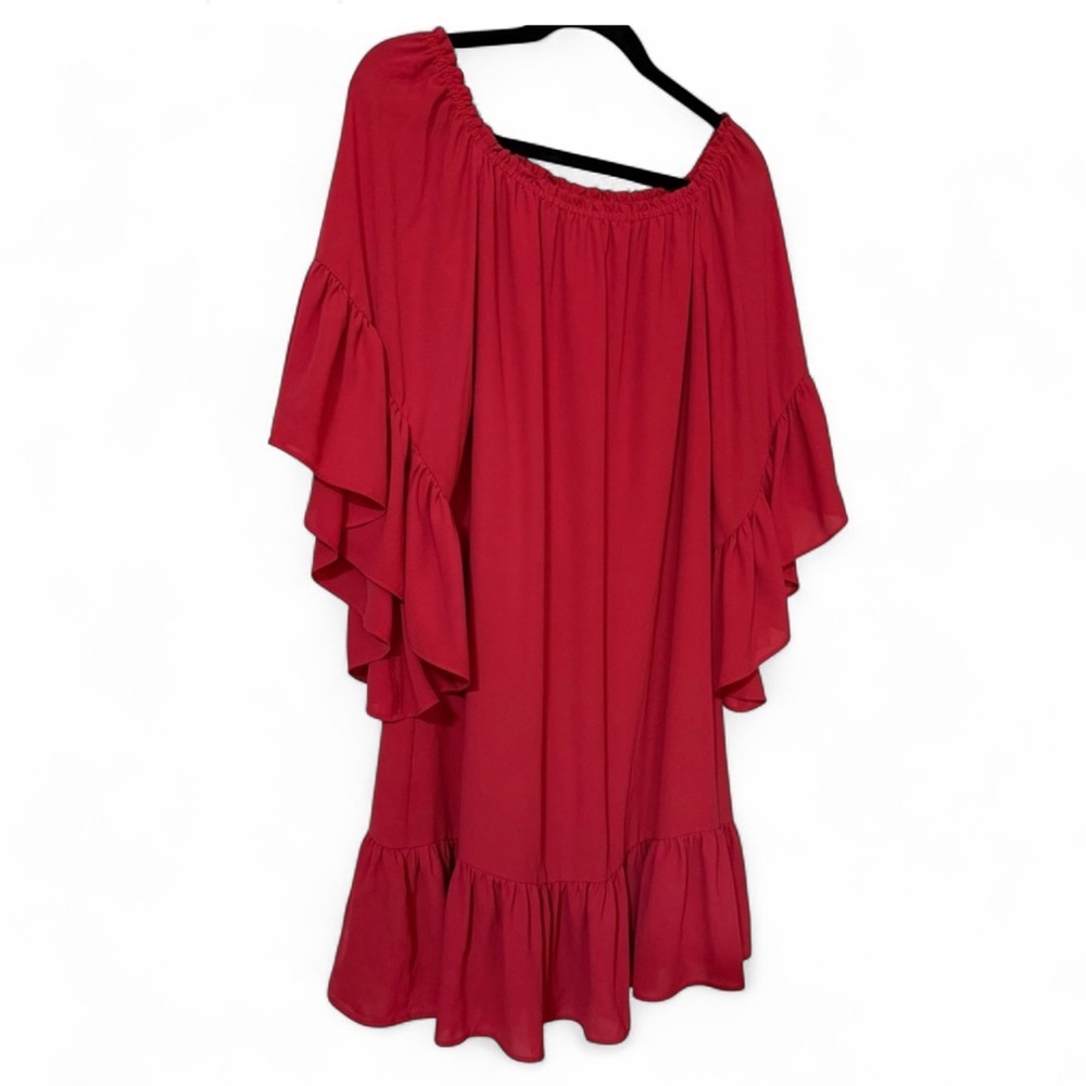 White House Black Market Red Off-The-Shoulder Ruffle Sleeve Dress Size M - Picture 9 of 11